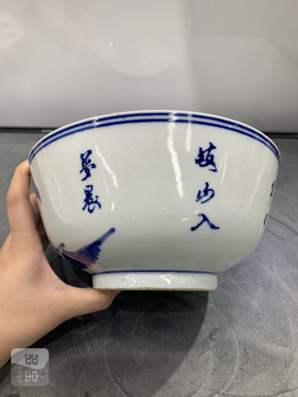 清晚期青花姜太公渭水垂钓图诗文大碗 - 图4